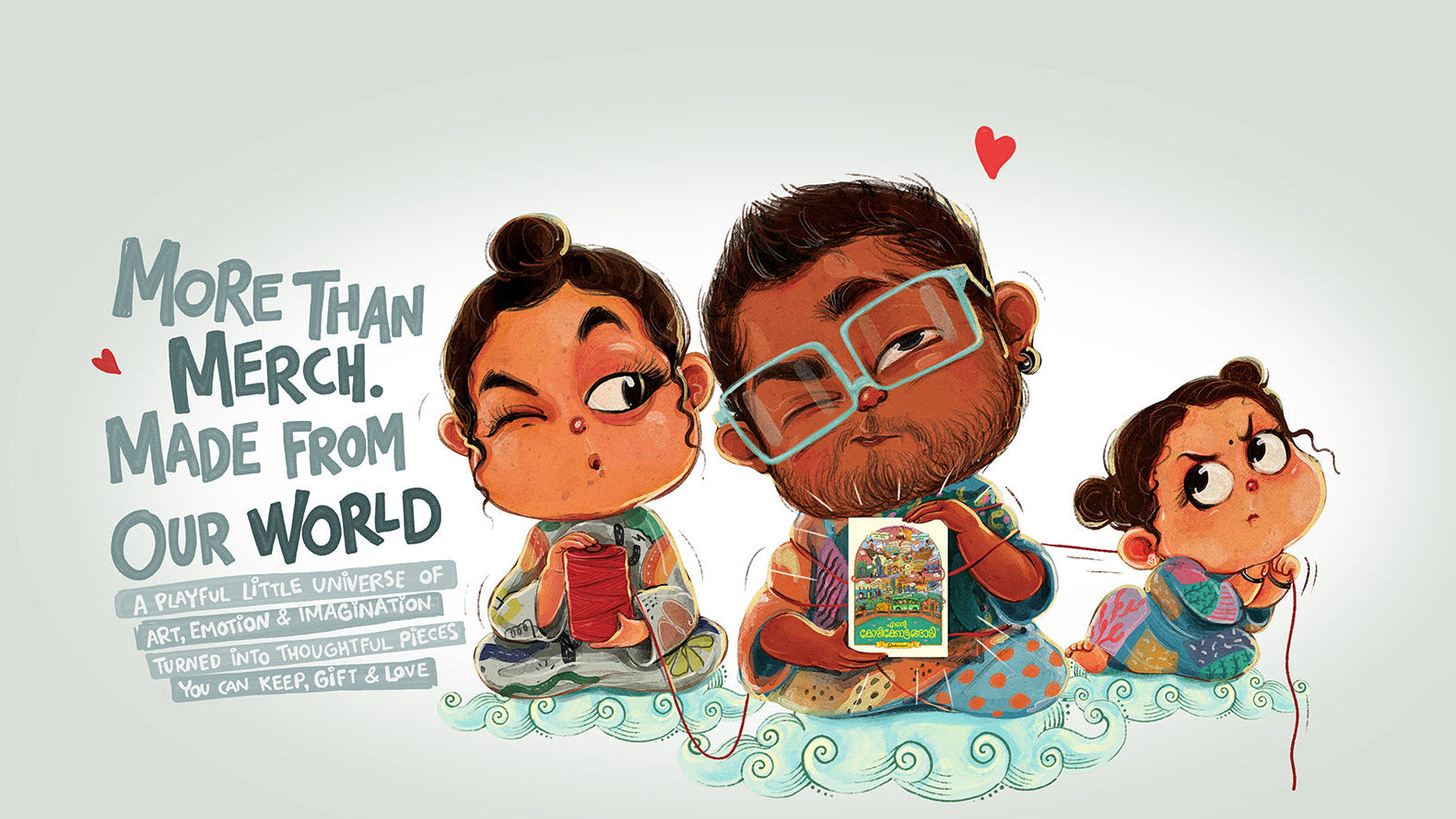 Cartoon characters with text 'More Than Merch. Made From Our World' on a light gray background