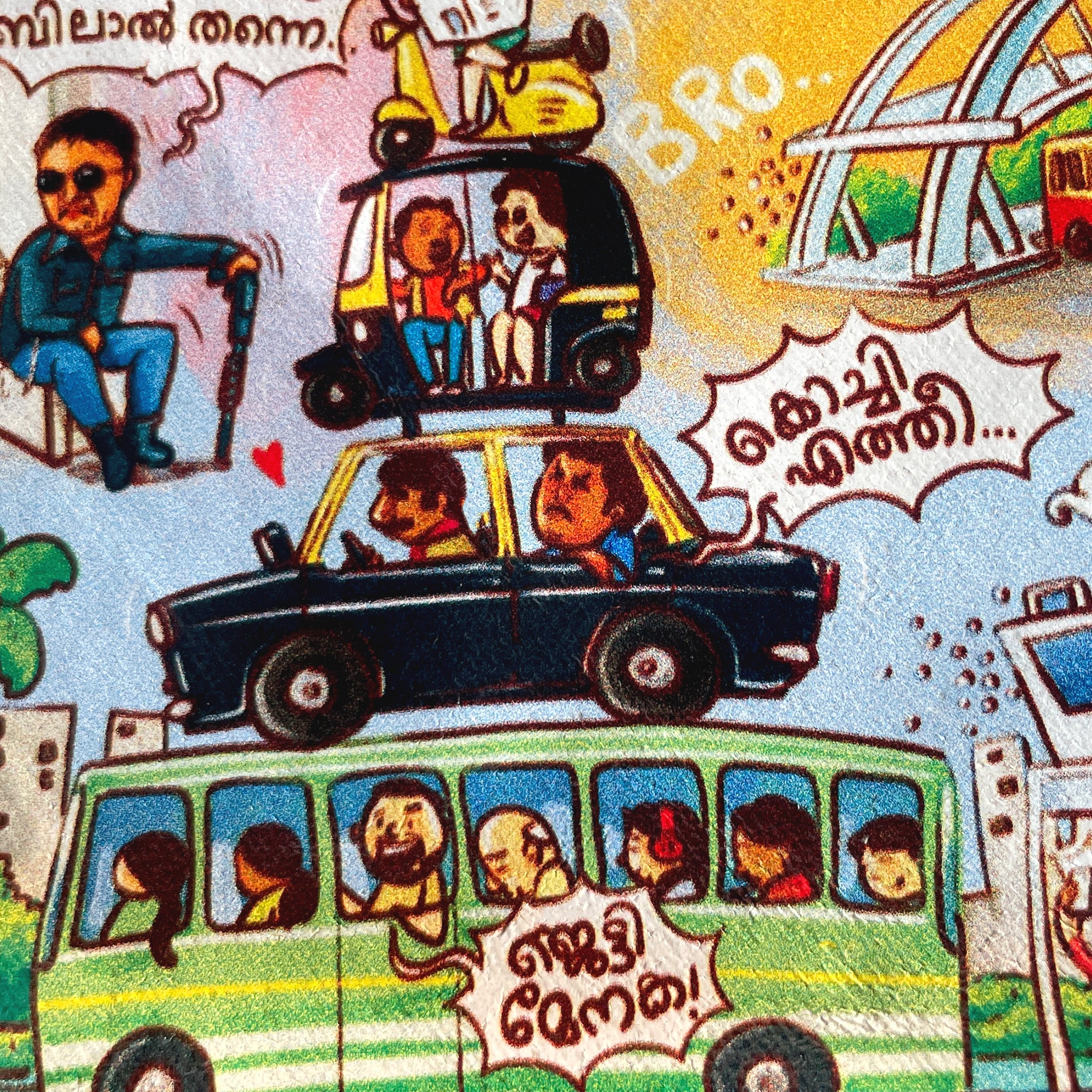 Colorful illustration of people in various vehicles with text and graphics