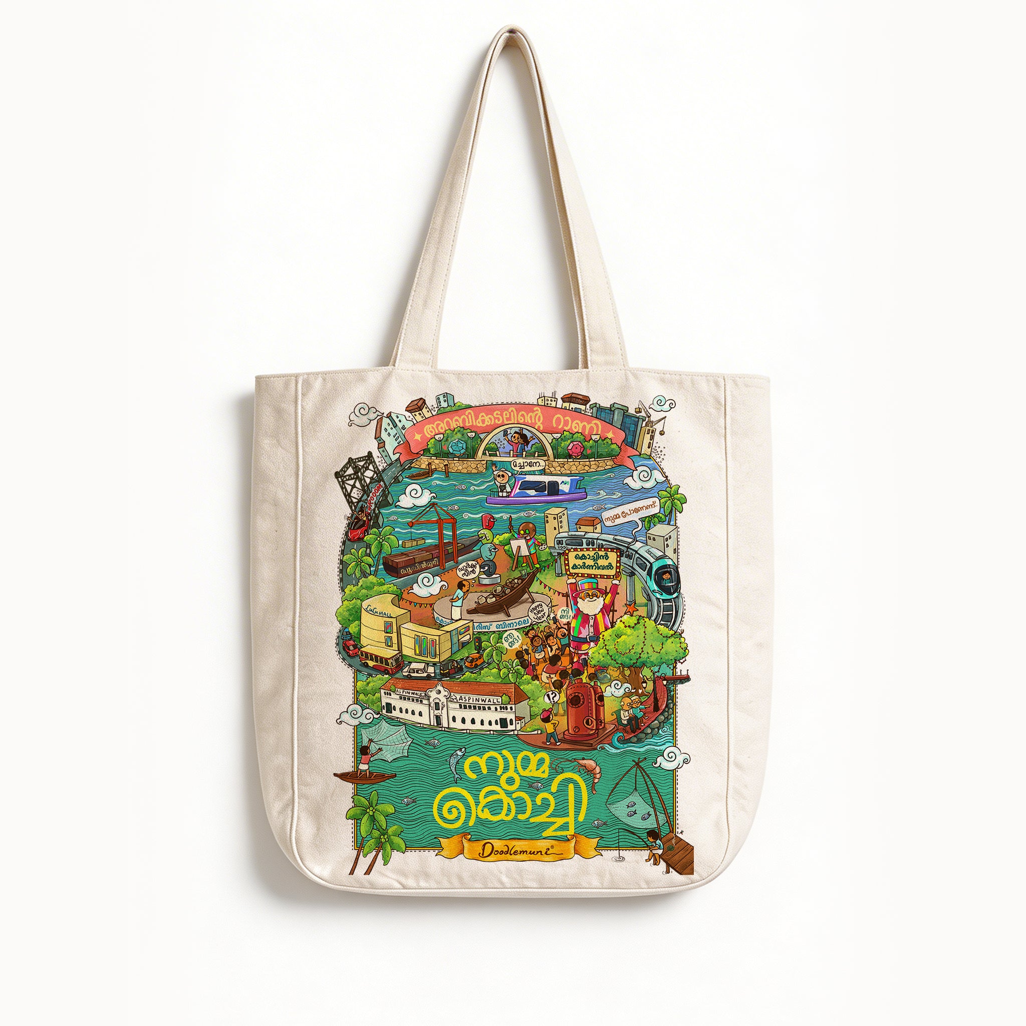 Tote bag with a colorful illustration of a town on a white background